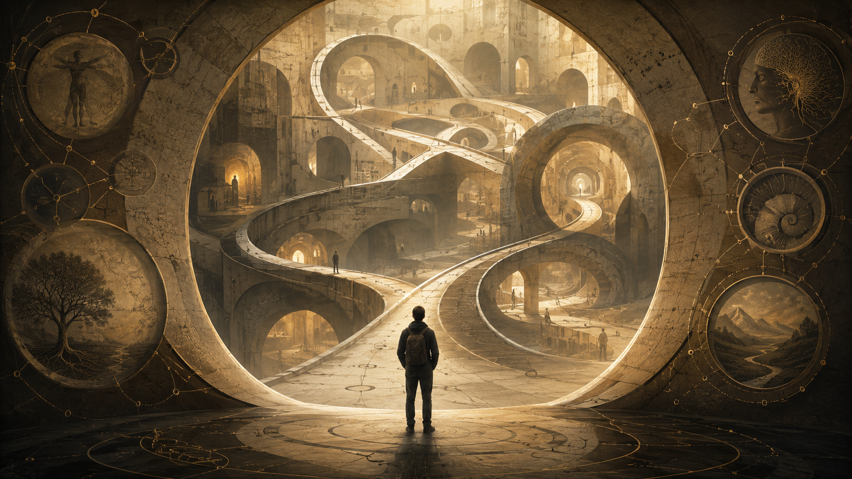 A figure standing before a vast architecture of loop-shaped paths